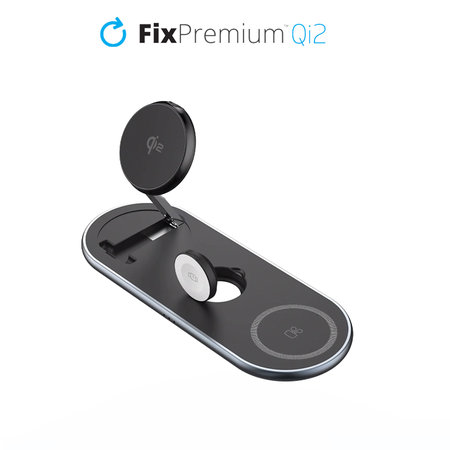 FixPremium - Töltőállvány Qi2-vel - iPhone, Apple Watch és AirPods, fekete