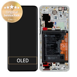 Huawei P40 Pro - LCD Kijelző + Érintőüveg + Keret + Akkumulátor + Ujjlenyomat-Érzékelő (Ice White, Silver Frost) - 02353PJK Genuine Service Pack