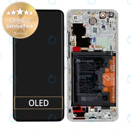 Huawei P40 Pro - LCD Kijelző + Érintőüveg + Keret + Akkumulátor + Ujjlenyomat-Érzékelő (Ice White, Silver Frost) - 02353PJK Genuine Service Pack