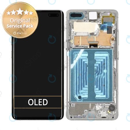 Samsung Galaxy S10 5G G977F - LCD Kijelző + Érintőüveg + Keret + Akkumulátor (Crown Silver) - GH82-20442A Genuine Service Pack