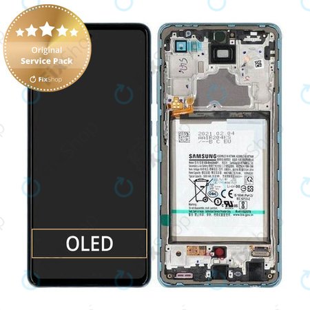 Samsung Galaxy A72 A725F, A726B - LCD Kijelző + Érintőüveg + Keret + Akkumulátor (Awesome Blue) - GH82-25541B, GH82-25542B Genuine Service Pack