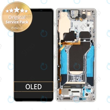 Sony Xperia 1 V - LCD Kijelző + Érintőüveg + Keret (Silver) - A5060571A Genuine Service Pack